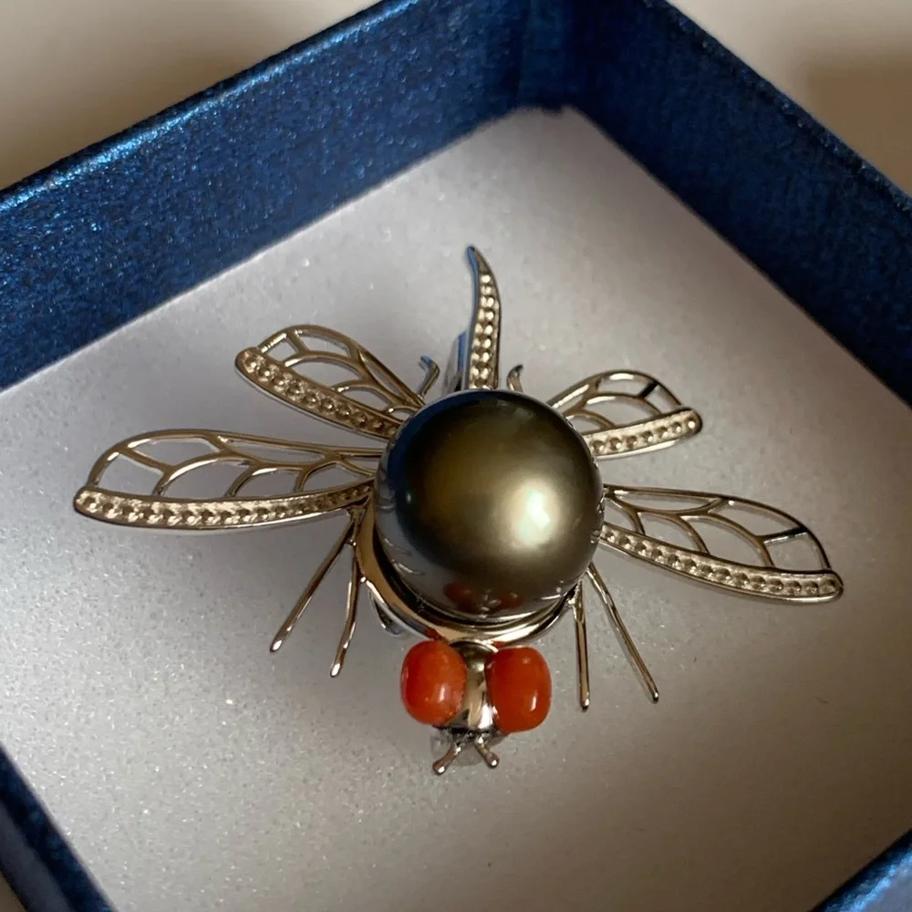 Tahitian Pearl & Red Jade Dragonfly Pendant/Brooch